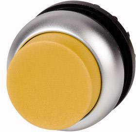 Yellow round button with silver rim, suitable for industrial control panels or machine operation.