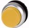Yellow round button with silver rim, suitable for industrial control panels or machine operation.