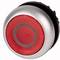 Round red button with a silver rim, used for control or operating panels.