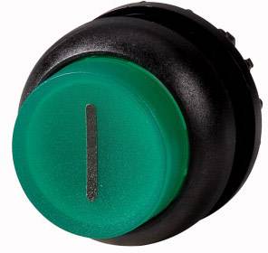 Green round switch with a vertical line in the centre, suitable for electronic devices.
