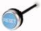 A blue button with the inscription 'RESET', surrounded by a silver border, attached to a black handle.