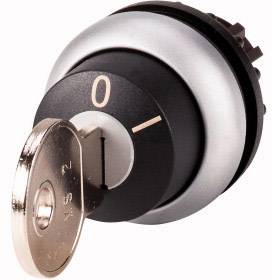 Key switch in the '0' position, key inserted. Mechanical component for controlling electrical circuits or machinery.