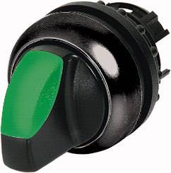 Black rotary switch with green handle, used for controlling or activating machines or electrical equipment.