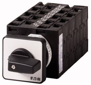 Black rotary switch with white background, manufactured by Eaton. Shows various settings on the top of the switch.