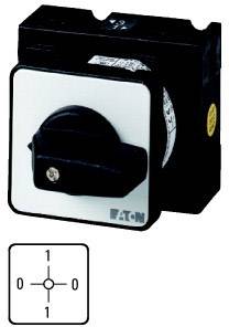 A two-position rotary switch: '0' (off) and '1' (on). The lower diagram shows the positions when viewed from the front.