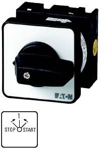Rotary switch with a black handle on a white background, marked with 'STOP' and 'START'. Manufacturer's name in the bottom right corner.