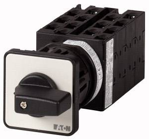 A black rotary switch by Eaton with a square plate and handle, used for controlling electrical circuits.