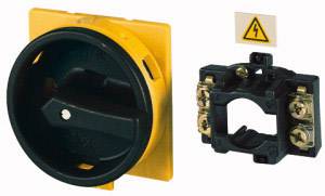 A yellow and black rotary switch with an electrical warning indicator, mountable on a plate.
