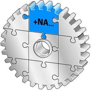A gear made from puzzle pieces with a blue segment, labelled with '+NA...', symbolises integration and collaboration.