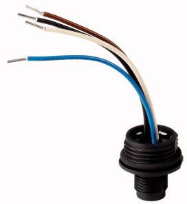 Black cable socket with four protruding cables in different colours: red, brown, white and blue.