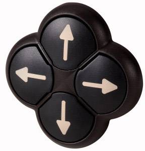 Black, cross-shaped control buttons with white arrows for up, down, left, and right on a dark background.