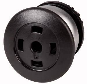 A black, round socket adapter with three rectangular openings and a central round opening, suitable for multiple plug types.