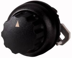 Black rotary knob with serrated edge and a small arrow on the top surface, pointing upwards.