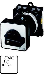 'Switch with three positions: 0, 1, START. Black rotary knob against a white background. Suitable for electrical applications.'