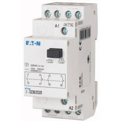 A white electronic device by Eaton with two black push buttons and several screw connections, model 'Z-S230/ZS20'.