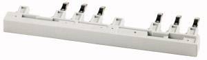 A white plastic mounting bracket with six metallic clips, suitable for securing fuses or electrical components.