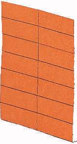 'Red tiled wall in rectangular form, viewed at an angle, consisting of multiple tiles placed side by side and on top of each other.'