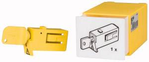 A yellow key-operated safety switch, with a box beside it featuring an illustration of the switch marked '1x'.