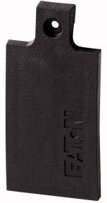 Black plastic tag with 'EATON' lettering, rectangular shape, with a hole at the top for attachment.