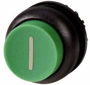 A green, round push button with a white vertical line in the centre, mounted on a black housing.