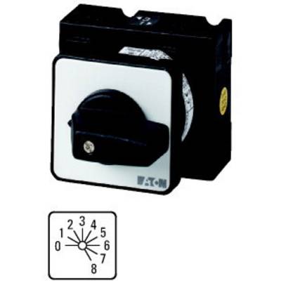 Rotary switch with a black handle mounted on a grey plate, with a diagram beneath showing numbers from 0 to 8 and lines converging to a central point.