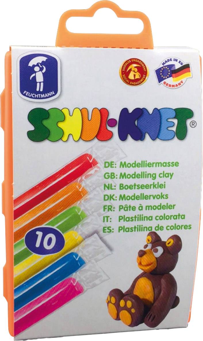 Box of coloured modelling clay with a small bear as an example. Labels in multiple languages. Contains 10 colours.