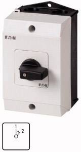 A white electrical switch with a black rotary handle, two positions: '0' and '1'. Branded with 'Eaton' mark. Rectangular housing.