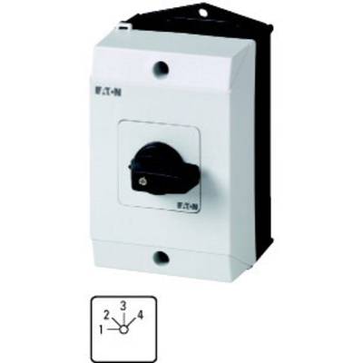 'Electrical rotary switch by Eaton in a grey housing. Switching diagram shows four positions with a central point.'