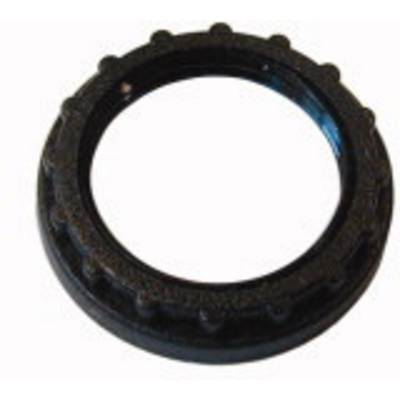 A black, round plastic ring lies on a white background. The ring has small notches around its edge.