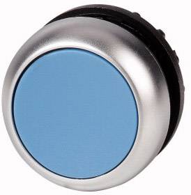 A round, silver button with a blue surface.