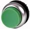 A large, green round button with a silver rim that could be used for control or interaction.