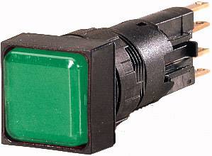 Green square push-button switch with a black housing and three metal pins on the reverse, for electronic applications.