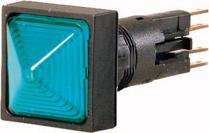 A square, turquoise tilt switch with a black housing and metal terminals, shown in side perspective.