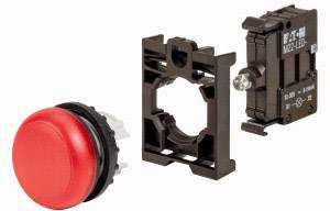 Red button as part of a switch set with mounting bracket and LED module, ready for installation.