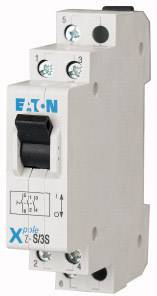 Single-pole circuit breaker by Eaton with a black switch and blue labelling, model number S/3S.