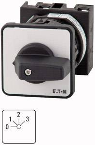 Black and white rotary switch with four positions (0, 1, 2, 3), mounted on a square plate. Manufacturer: Eaton.