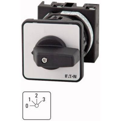 Black and white rotary switch with four positions (0, 1, 2, 3), mounted on a square plate. Manufacturer: Eaton.