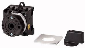 Rotary switch with removable rotating knob and square front plate for installation in electrical control cabinets.