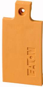 An orange plastic sign with the inscription 'EATON', which apparently serves as a marker or identifier.