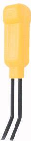 A yellow electronic moisture sensor with two black metal pins for measuring soil moisture.