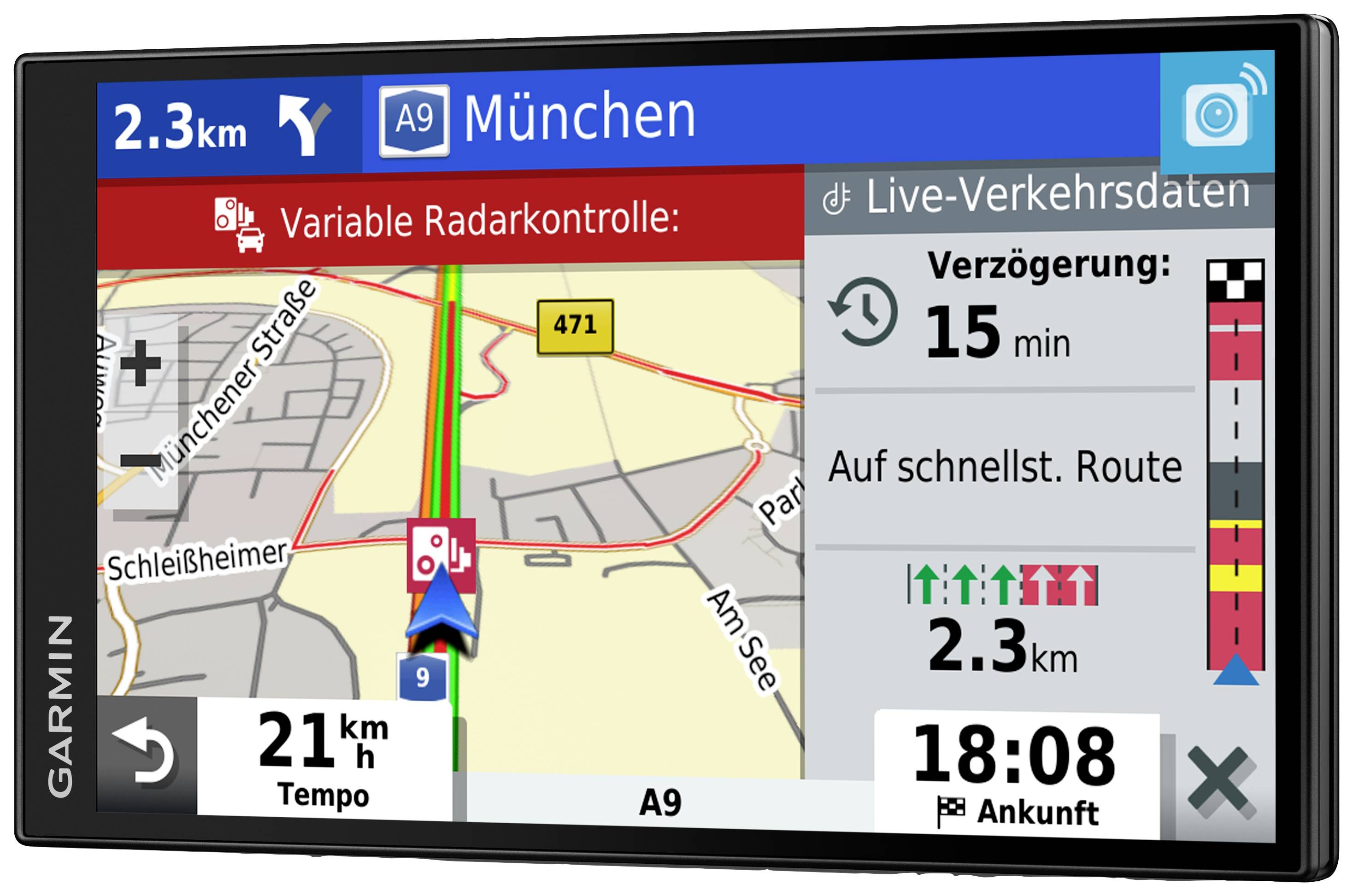 Satellite navigation shows route to 'A9 Munich', 2.3 km remaining, delay of 15 minutes, current speed 21 km/h, estimated arrival at 18:08.