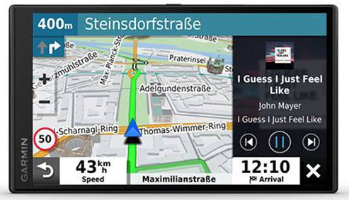 Navigation device shows route to 'Steinsdorfstraße', with speed limit of 50 km/h, current speed 43 km/h, and estimated arrival time of 12:10.