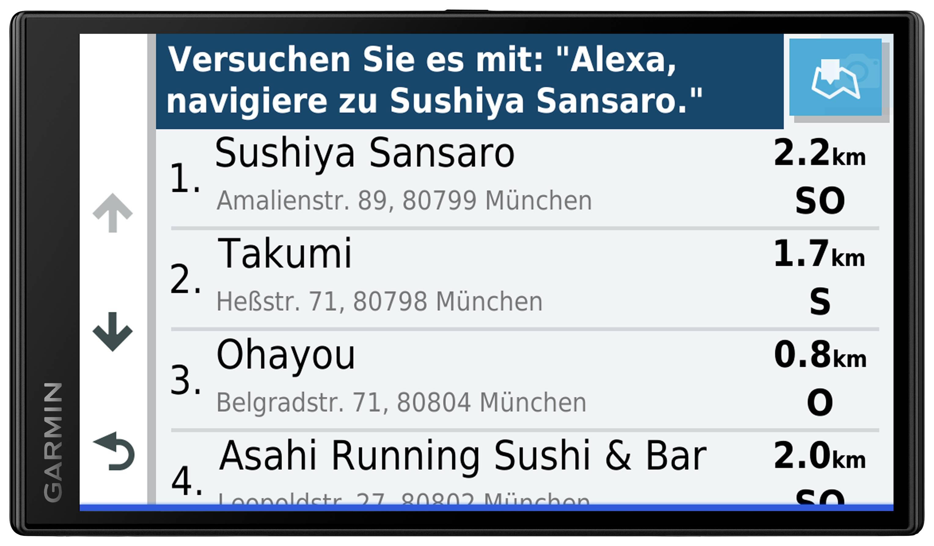 Image of a navigation system showing a list of sushi restaurants in Munich with distances. Main destination: 'Sushiya Sansaro'.