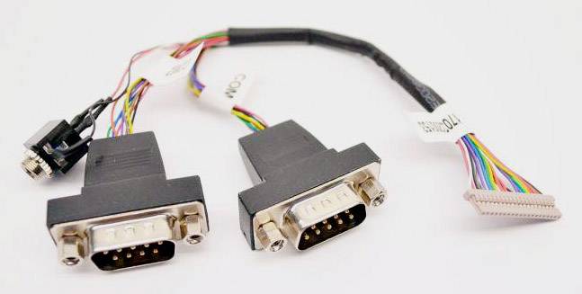 Two VGA connectors with multiple colourful cables converging into a grey flat plug. Connects computers with devices.