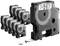 Seven black ink cartridges from Dymo, with the front cartridge producing a white label with a black letter 'A'.