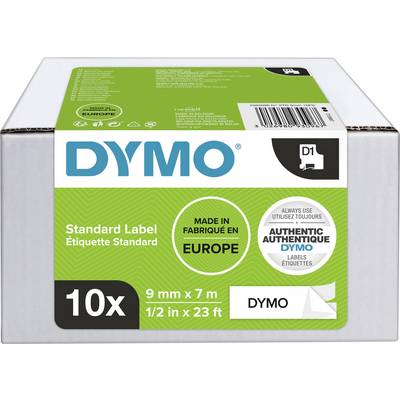 'DYMO' Label Box, green-white, contains 10 rolls. Labels: 9 mm x 7 m. Manufactured in Europe.