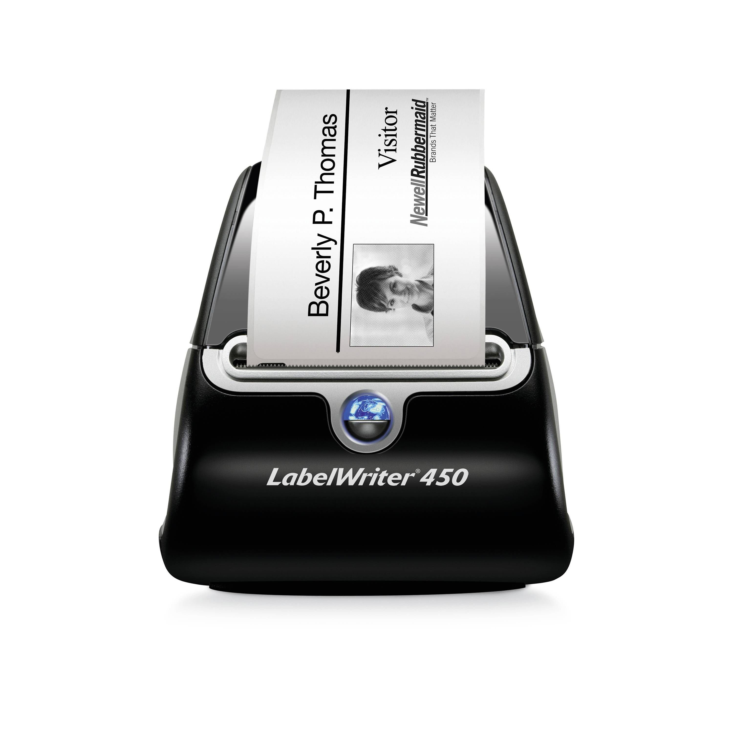 A label printer prints a label with the name 'Beverly P. Thomas', the designation 'Visitor' and a small photograph.