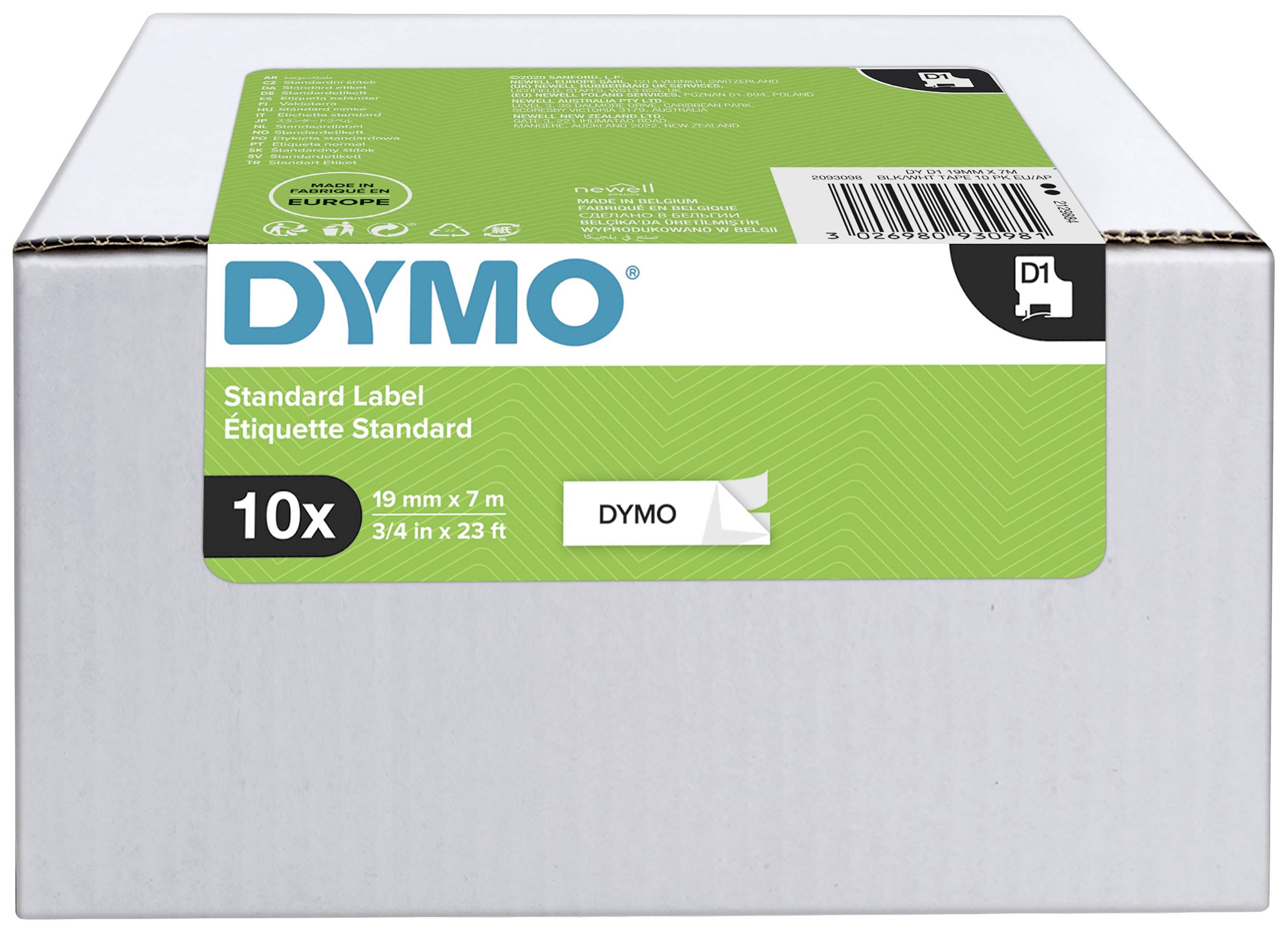 DYMO packaging with 10 standard labels, 19 mm x 7 m. Contains product specifications and barcodes on the green front side.