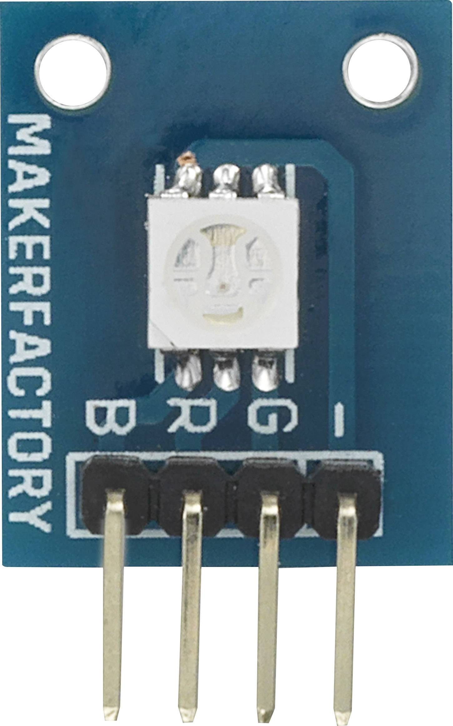 Blue breadboard sensor with 'MAKERFACTORY' label. LED and connections for Blue (B), Red (R) and Green (G) visible.