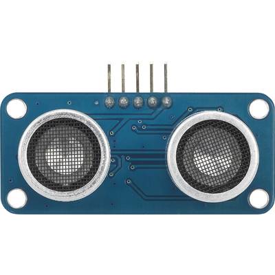 Ultrasonic sensor with two round black grid surfaces on a blue housing and five vertical pin connections on top.